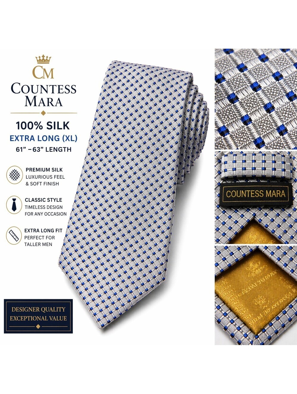 Countess Mara Silk Tie Gray Blue Geometric Check Classic Mens Necktie